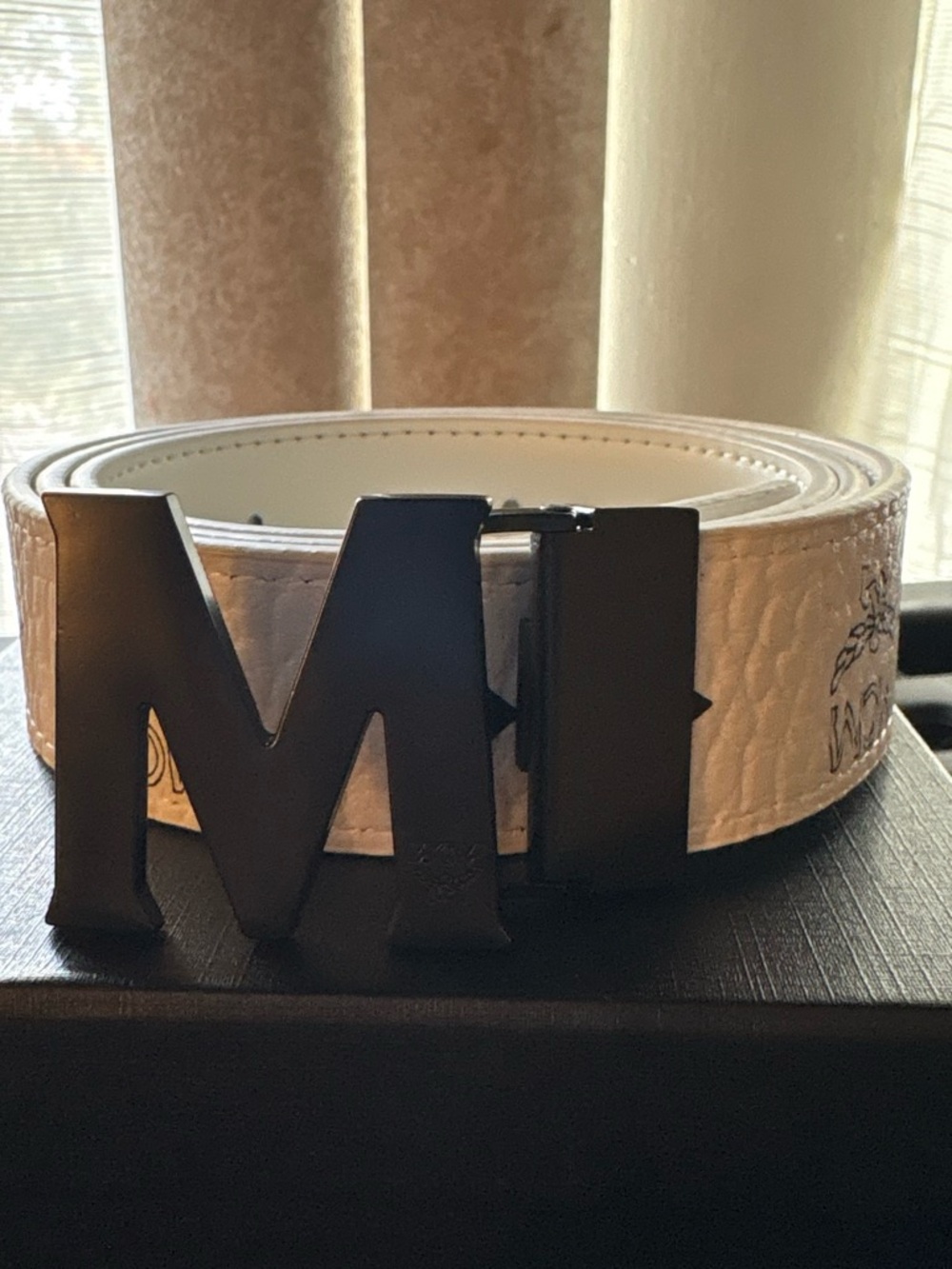 MCM White Leather Belt with Black 'M' Buckle